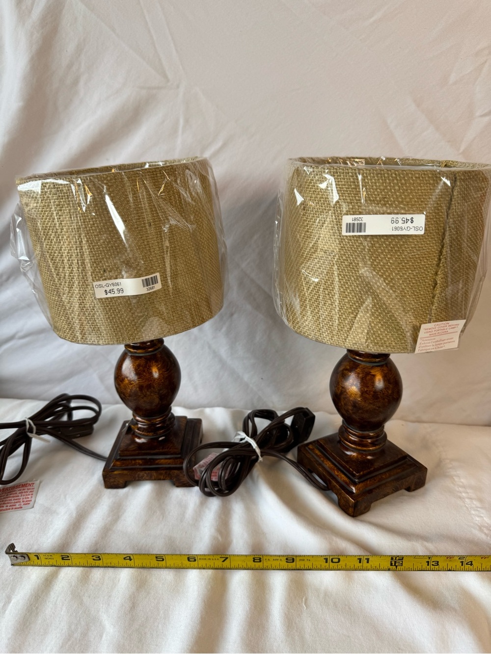 Set of 2 Table Lamps, Brown Resin , Beige Drum Shades, Corded Switch, GY-6061